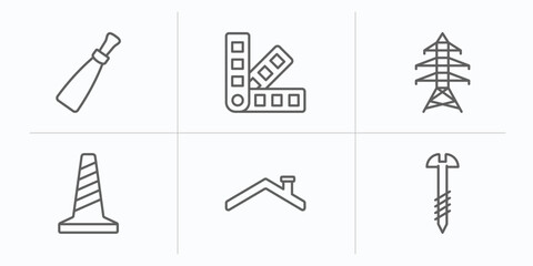 Poster - construction tools outline icons set. thin line icons such as putty knife, pantone, electric tower, road construction, roof, screw vector.