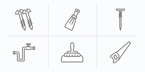 Poster - construction tools outline icons set. thin line icons such as screws, scratcher tool, nail, gas pipe