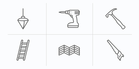 Poster - construction tools outline icons set. thin line icons such as plumb bob, cordless drill, brick hamme