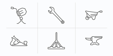 Poster - construction tools outline icons set. thin line icons such as cement mixers, repair wrench, wheel barrow, jack plane, bump cutter, anvil vector.