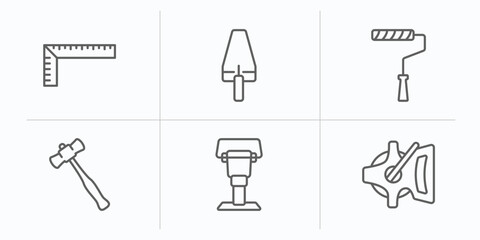 Poster - construction tools outline icons set. thin line icons such as school ruler, gardening palette, painter roller, sledge hammer, rammer, open scale vector.