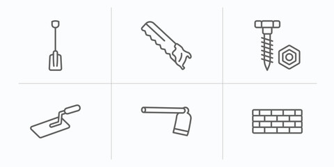 Poster - construction tools outline icons set. thin line icons such as working shovel, carpenter saw, nuts an