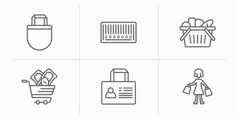 Poster - commerce outline icons set. thin line icons such as tote bag, barscode with zeros, basket full, commerce and shopping, bag business card, shopper with bags vector.