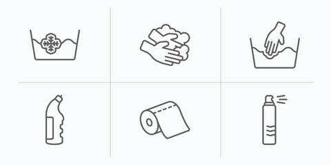 Poster - cleaning outline icons set. thin line icons such as cold water, hands, delicate, bleach, paper roll, air freshener vector.
