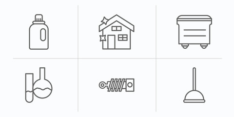 Poster - cleaning outline icons set. thin line icons such as softener, cleaning house, dumpster, acid, suspension, mop vector.