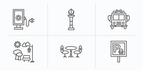 Sticker - city elements outline icons set. thin line icons such as lightbox, street lamp, fire truck, park, chair and table, parking vector.