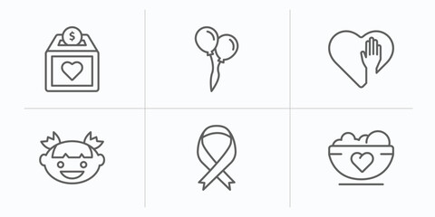 Poster - charity outline icons set. thin line icons such as donation box, ballons, voluntary service, smiley face, awareness, charity food vector.