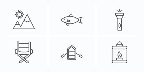 Poster - camping outline icons set. thin line icons such as mountain, sardine, torch, camp chair, inflatable boat, fire lamp vector.