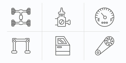 Poster - car parts outline icons set. thin line icons such as car chassis, car choke, fuel gauge, torsion bar, trim, camshaft vector.