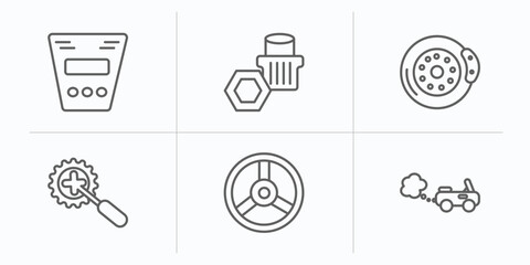 Poster - car parts outline icons set. thin line icons such as car fascia (british), car wheel nut, brake, crank, horn, tailpipe vector.