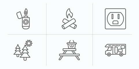 Poster - camping outline icons set. thin line icons such as lighter, campfire, outlet, pines, camp table, camper van vector.