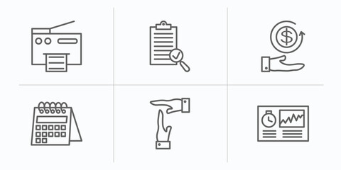 Poster - business and finance outline icons set. thin line icons such as printing documents, revision, money back, wall calendar, time out, hash rate vector.
