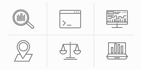 Poster - business and analytics outline icons set. thin line icons such as search analytics, terminal, stock market, 3d location graph, legal, laptop with analysis vector.
