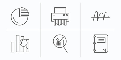 Poster - business and analytics outline icons set. thin line icons such as graph pie, paper shredder, wave chart, profit analysis, data analytics, workbook vector.