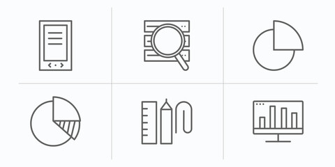 Poster - business and analytics outline icons set. thin line icons such as gadget, stock data analysis, chart pie, data analysis pie chart, supplies, bars graphic on screen vector.