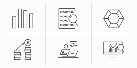 Poster - business and analytics outline icons set. thin line icons such as bar stats, binary data search, polygonal chart, revenue, correspondence, database analysing vector.