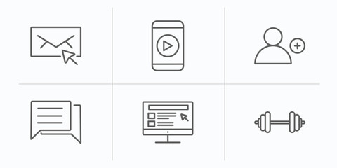 Poster - blogger and influencer outline icons set. thin line icons such as email, mobile video, follow, comment, blog, weights vector.