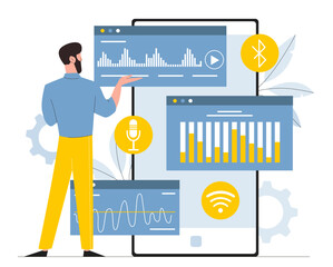 Poster - Voice assistant software. Man communicates with artificial intelligence. Analysis of commands and sound waves. Virtual assistant and helper. Speaker recognition. Cartoon flat vector illustration