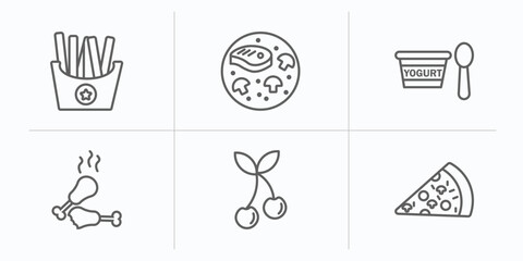 Poster - bistro and restaurant outline icons set. thin line icons such as french fries box, combine meal, yogurt with spoon, chicken thigh, two cherries, pepperoni pizza slice vector.