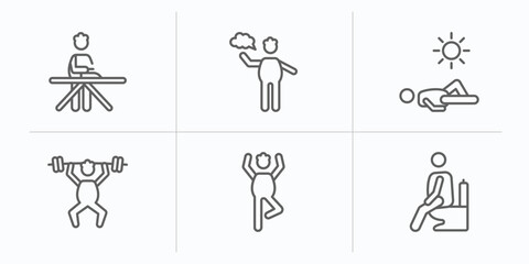 Poster - behavior outline icons set. thin line icons such as man ironing, stick man speech, man sunbathing, lifting bar, yoga position, at restroom vector.