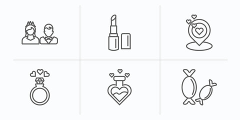 Sticker - birthday and party outline icons set. thin line icons such as wedding couple, lipstick, wedding location, wedding rings, love potion, sweet vector.