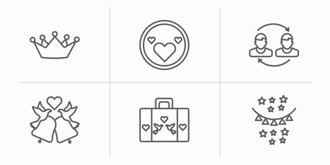 Poster - birthday and party outline icons set. thin line icons such as wedding crown, love plate, relationship, wedding bells, wedding luggage, birthday flag vector.