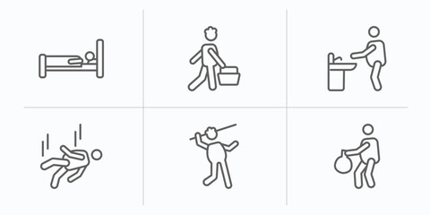 Poster - behavior outline icons set. thin line icons such as laying in bed, man shopping, washing hands, man falling, man throwing javelin, carry garbage vector.