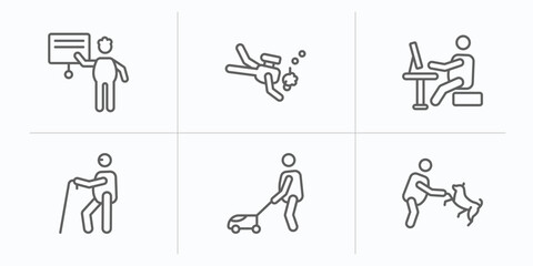 Poster - behavior outline icons set. thin line icons such as presentation whiteboard, man diving, man typing, blindman with cane, cutting lawn, man and dog vector.