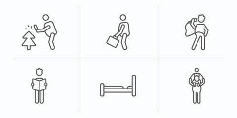 Poster - behavior outline icons set. thin line icons such as prune hedge, going to work, singer with microphone, stick man reading, making the bed, piggyback a kid vector.