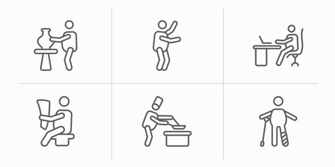 Poster - behavior outline icons set. thin line icons such as man doing pottery, stick man dancing, man working at desk, reading newspaper, cooking, with broken leg vector.