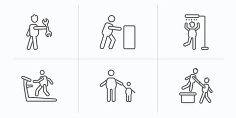 Poster - behavior outline icons set. thin line icons such as man with tool, man pushing, man showering, on treadmill, child with helping a to climb vector.