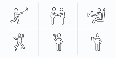 Poster - behavior outline icons set. thin line icons such as man taking a selfie, two men meeting, man driving, stick man jumping, drinking, with mobile phone vector.