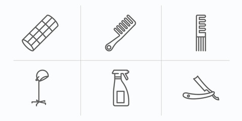 Poster - beauty outline icons set. thin line icons such as curler with pin, hair comb, women comb, stand hairdryer, aplicator bottle, vintage razor vector.