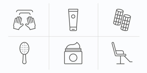 Poster - beauty outline icons set. thin line icons such as massage, cream tube, curlers, inclined hairbrush, moisturizer, beauty salon chair vector.