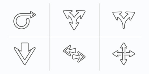 Poster - arrows outline icons set. thin line icons such as right circling arrow, split triangle, split arrows, down arrow, left right, move vector.