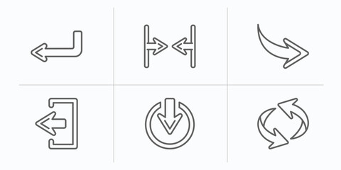 Poster - arrows outline icons set. thin line icons such as left direction, horizontal merge, left curve, exit top right, exit down, undo arrow vector.
