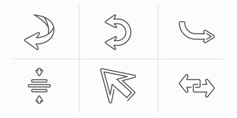 Poster - arrows outline icons set. thin line icons such as curved down left arrow, double curve arrow, right 