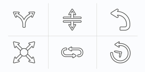 Poster - arrows outline icons set. thin line icons such as divide, split vertical, turn left, resize, loop arrows, reload time vector.