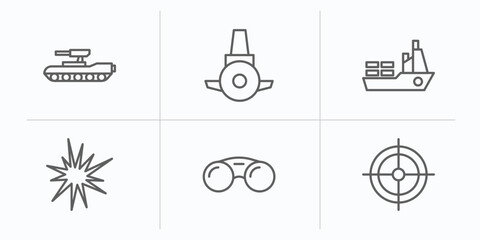 Poster - army and war outline icons set. thin line icons such as tank, submarine front view, ship, explosive, binoculars, gun shooting vector.