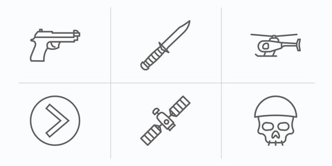 Poster - army and war outline icons set. thin line icons such as pistol, combat knife, helicopter, chevron, military satellites, skull army vector.