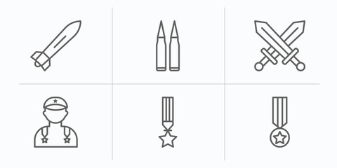Poster - army and war outline icons set. thin line icons such as torpedo, two bullets, combat, general, militaty medal, condecoration vector.