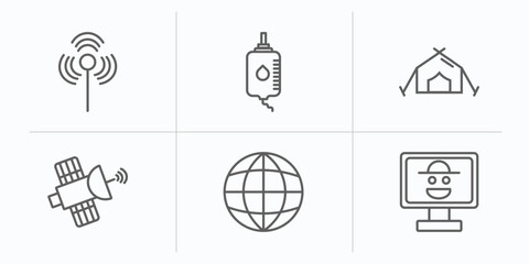Poster - army outline icons set. thin line icons such as antenna, blood transfusion, tent, satellite, planet grid circular, robber on monitor vector.