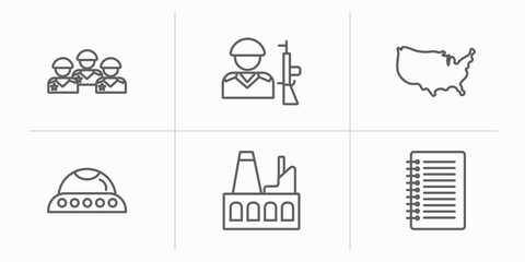 Poster - army outline icons set. thin line icons such as militar, soldiers and a weapon, us map, ovni military transport, industrial building, notebook vector.