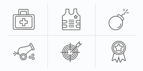 Poster - army outline icons set. thin line icons such as first aid, bulletproof vest, bombs, cannon, aim, rank vector.