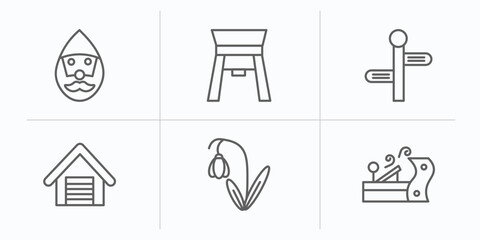 Poster - architecture and city outline icons set. thin line icons such as gnome, paifang, street, garage door, snowdrop, wood plane vector.