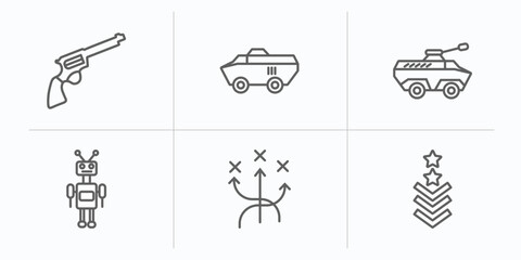 Poster - army outline icons set. thin line icons such as revolver, military vehicle, amphibian, military robot hine, militar strategy, military vector.