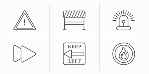 Poster - alert outline icons set. thin line icons such as caution, road blockade, siren, ahead, keep left, fire button vector.