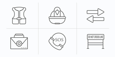 Poster - alert outline icons set. thin line icons such as life vest, firefighter helmet, two way, kit, sos, do not cross line vector.