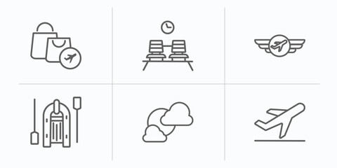 Poster - airport terminal outline icons set. thin line icons such as duty free bag, waiting place, air company, lifeboat, cloudy day, departures flights vector.