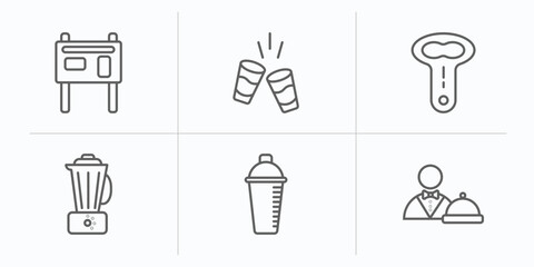 Poster - alcohol outline icons set. thin line icons such as , shots, opener, blender, shaker, waitress vector.